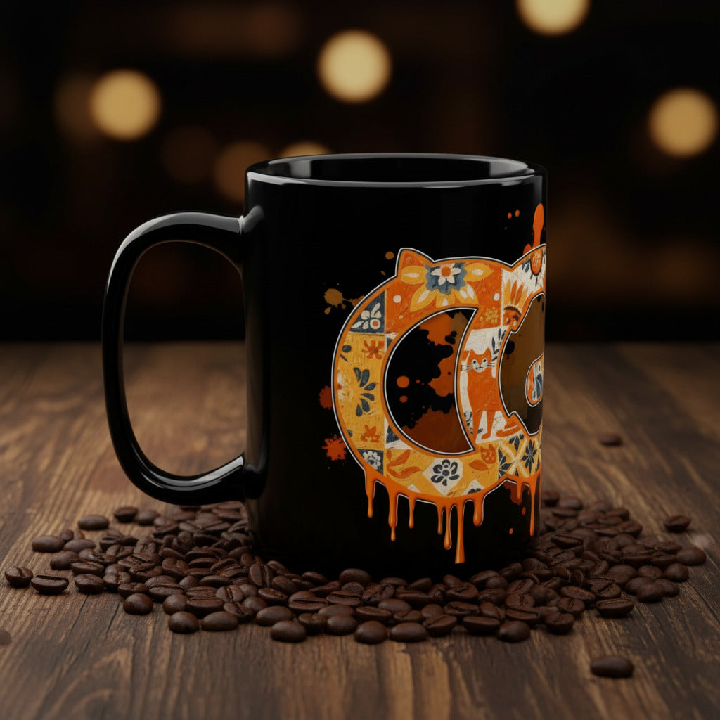 CatyGato Graffiti CG + Cat Logo 15oz Black Ceramic Coffee Mug