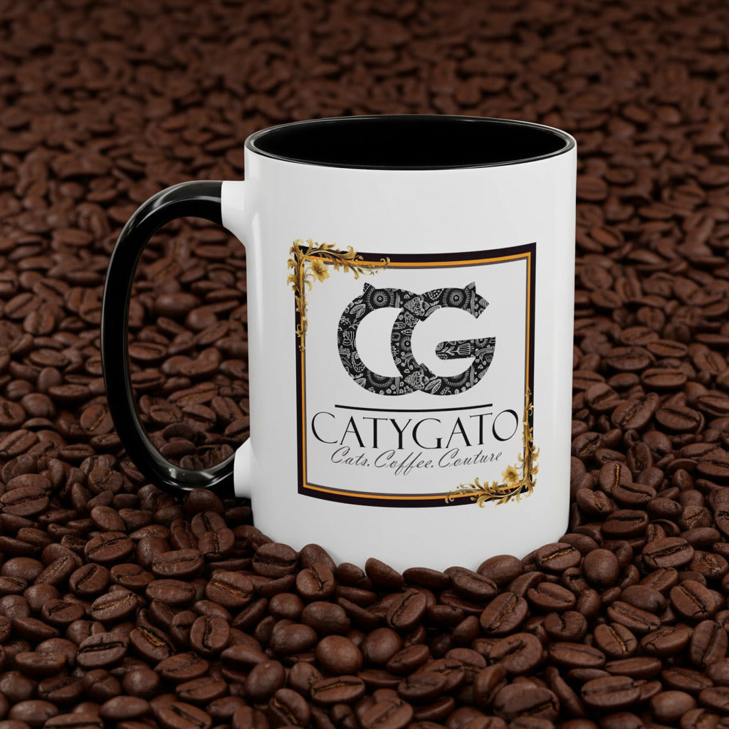 CatyGato Jiji's Jazzy Java 15oz Black and White Ceramic Coffee Mug