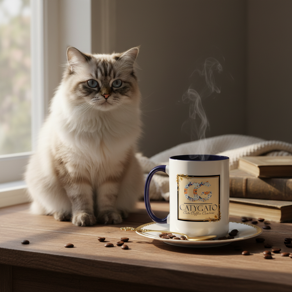 CatyGato Strudel's Sunrise Samba 15oz Navy Blue and White Ceramic Coffee Mug