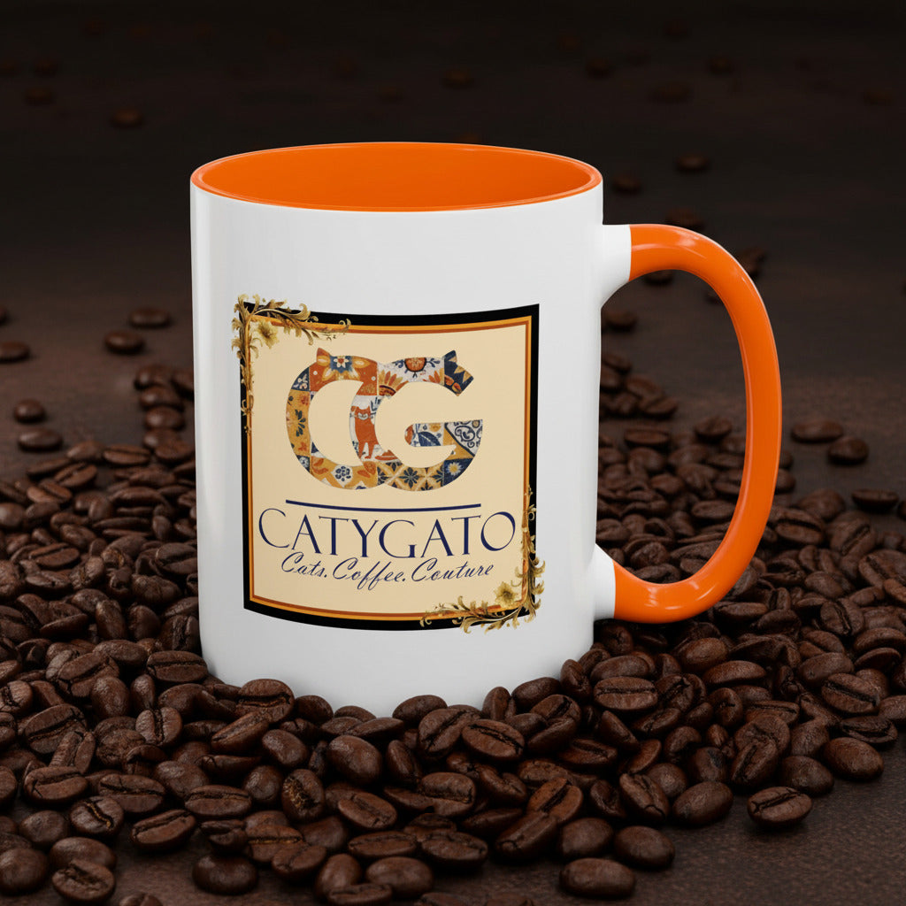 CatyGato Caesar's Sunny Symphony 15oz Orange and White Ceramic Coffee Mug