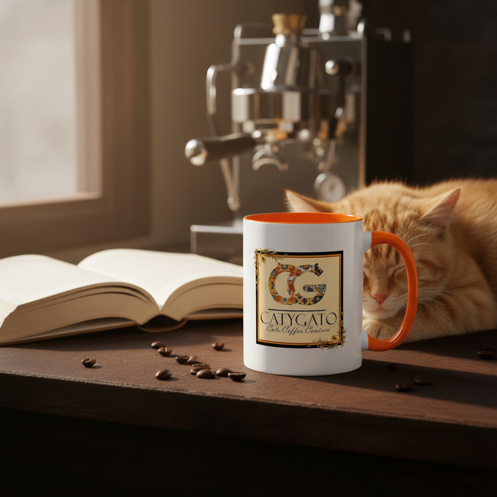 CatyGato Caesar's Sunny Symphony 15oz Orange and White Ceramic Coffee Mug