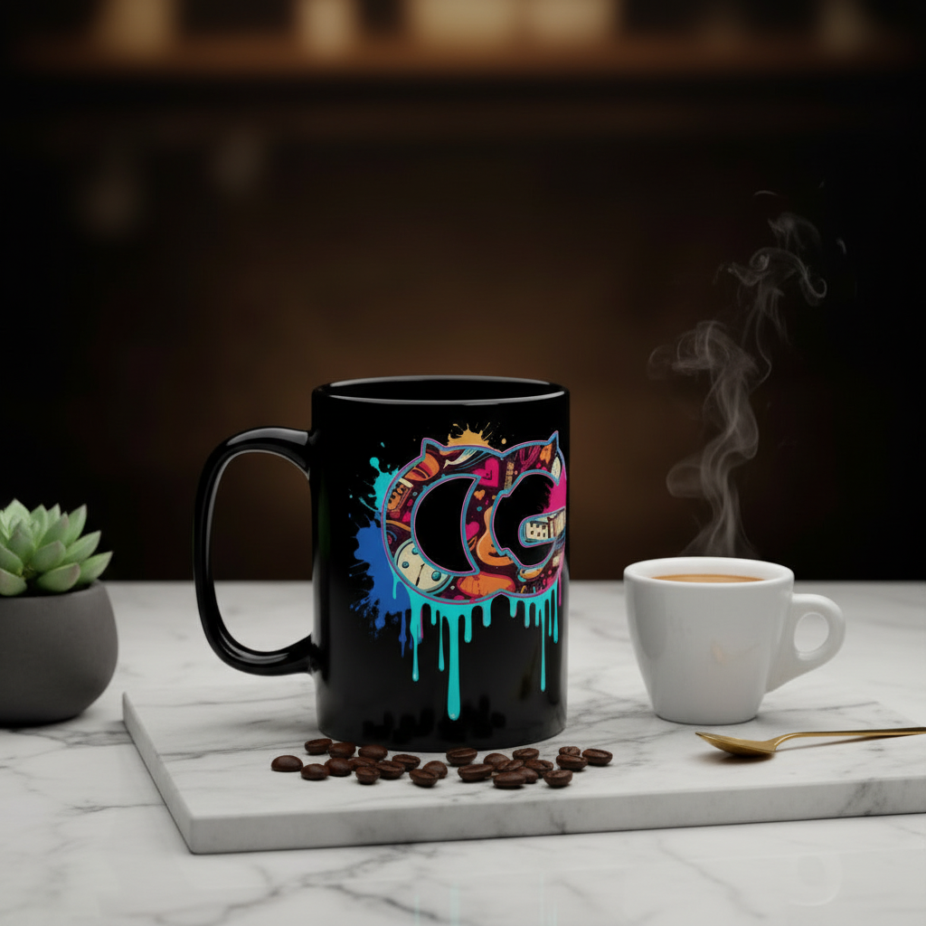 CatyGato Graffiti CG + Cat Logo 15oz Black Ceramic Mug