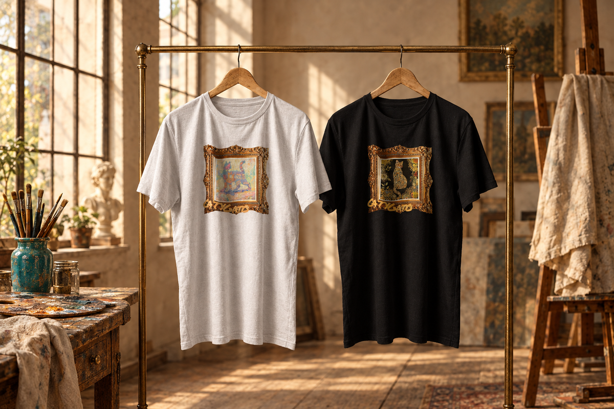 Art Reimagined tees in a warm artist’s studio