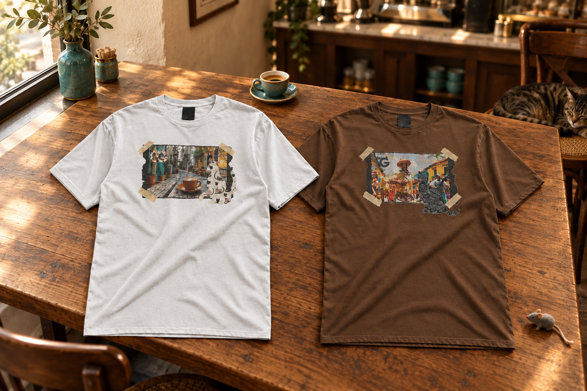 Cats in Focus tees in a new café setting