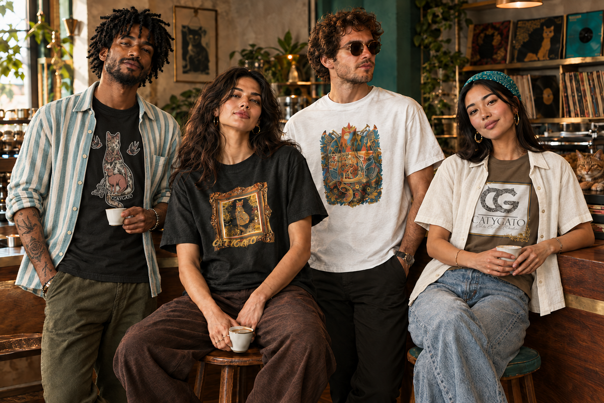 CatyGato café image edit with the Inked Cat tee and forearm tattoos on the man at left