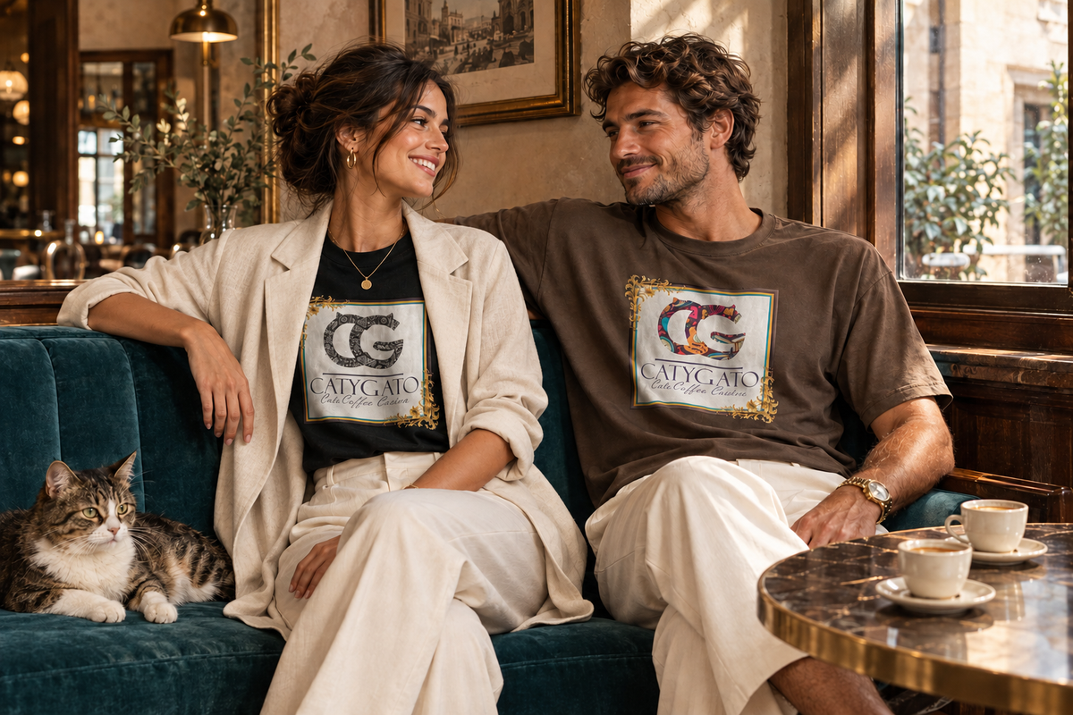 CatyGato café scene with a lightweight cream coat on the woman