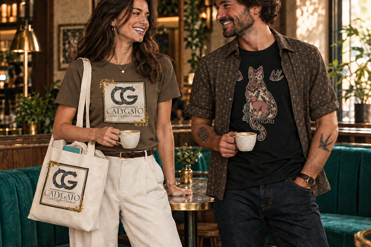 CatyGato café scene with a patterned button-up shirt on the man