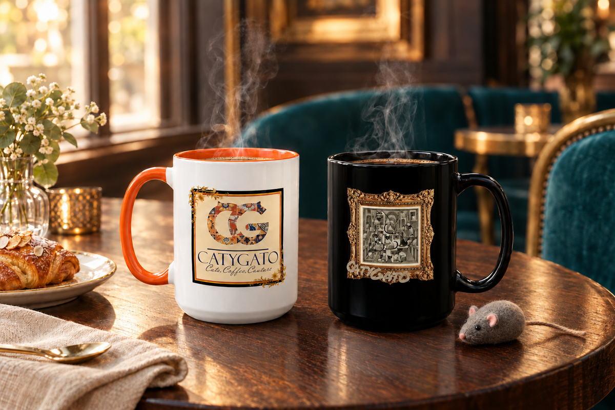 CatyGato café scene with Caesar’s mug, Lucy & Strudel’s Art Reimagined mug, and the toy mouse