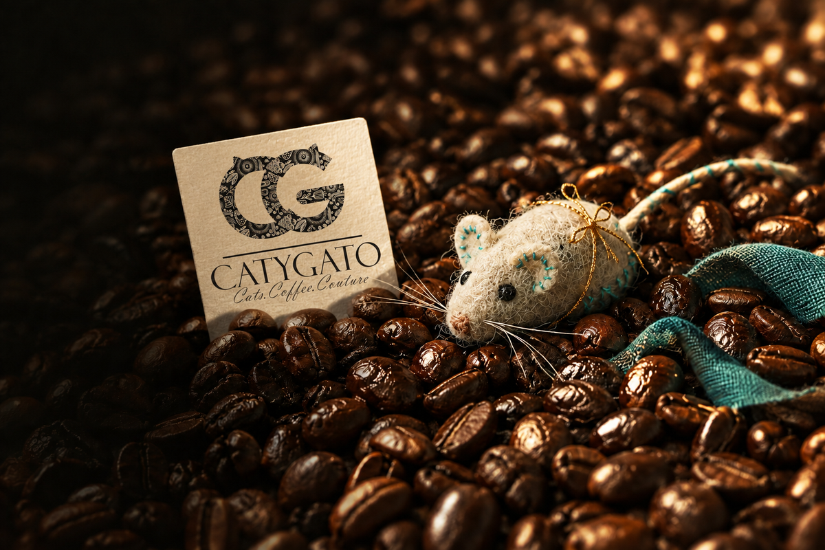 CatyGato coffee hero with the authentic brand logo on a plaque emerging from the beans