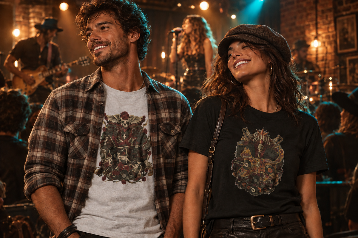 CatyGato concert scene with an open plaid flannel shirt on the man