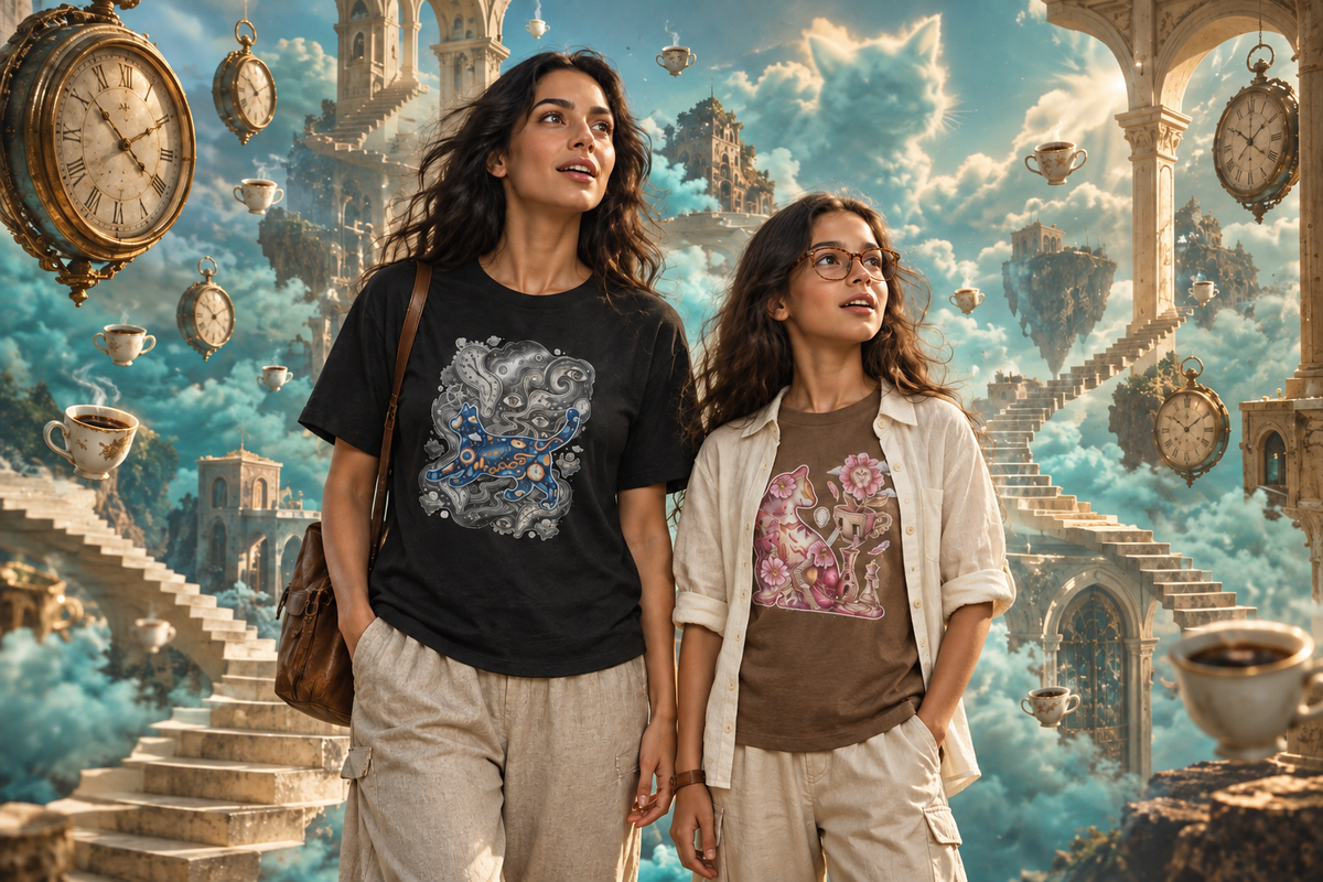 CatyGato dreamscape with the child wearing an open button-up shirt and eyeglasses