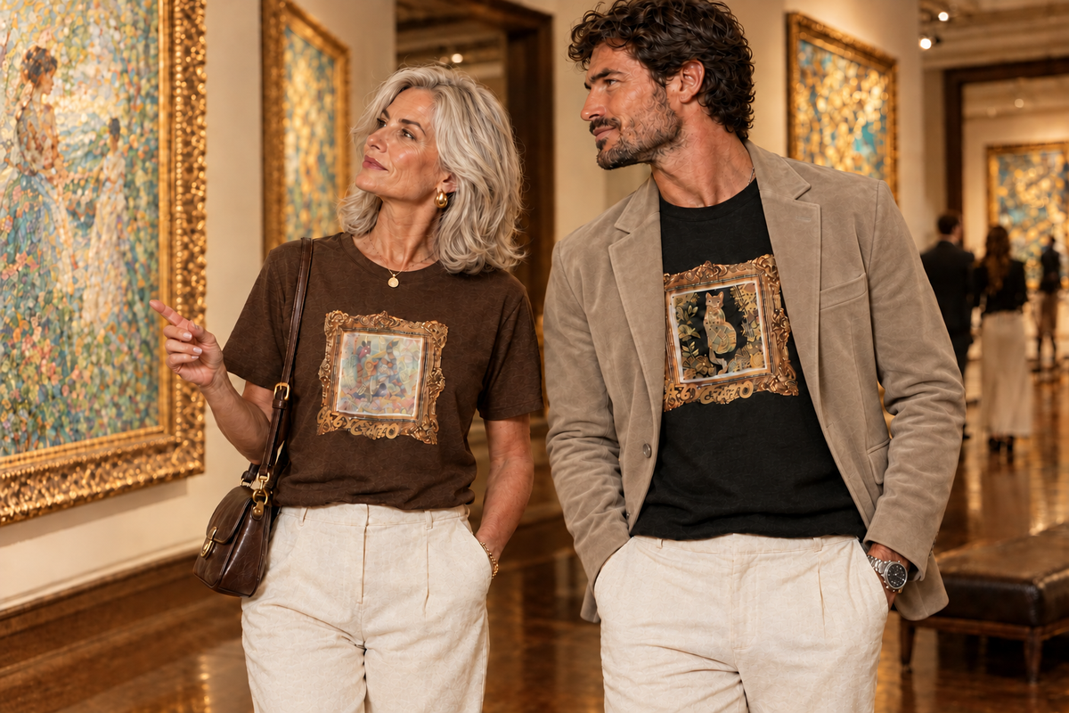 CatyGato gallery scene with the man’s jacket in warm stone beige