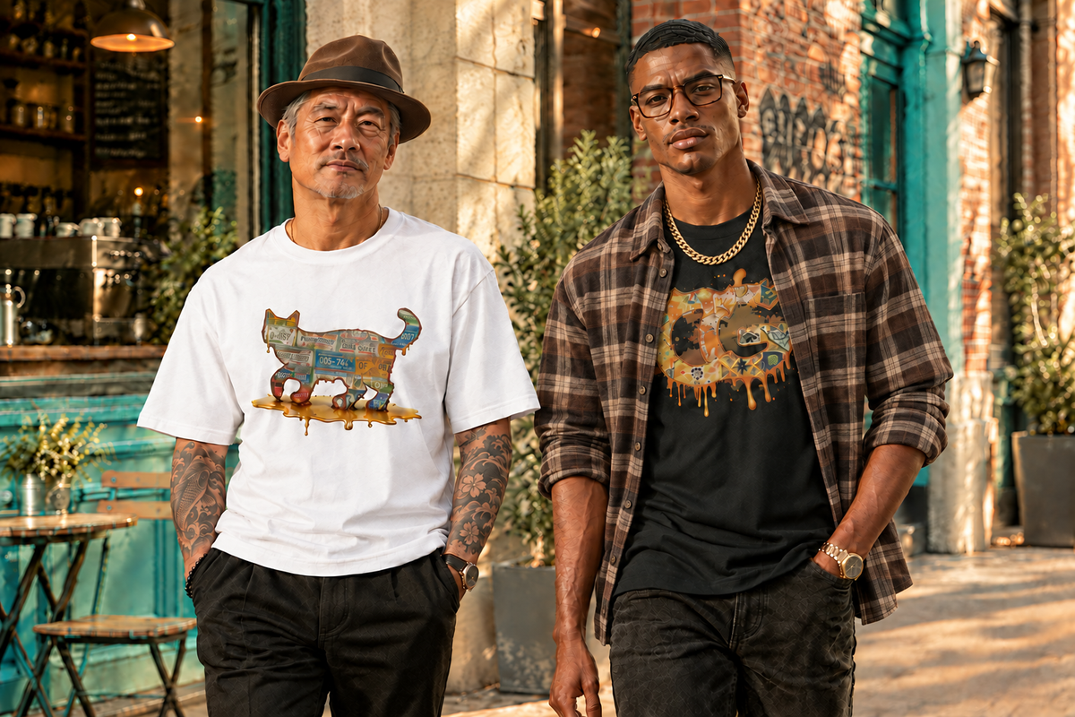 CatyGato street scene with a gold chain added to the man on the right