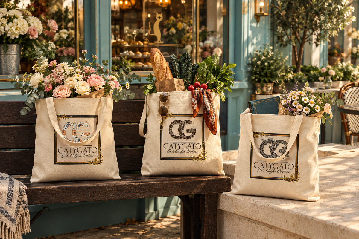 CatyGato tote bags filled with flowers and market-day essentials