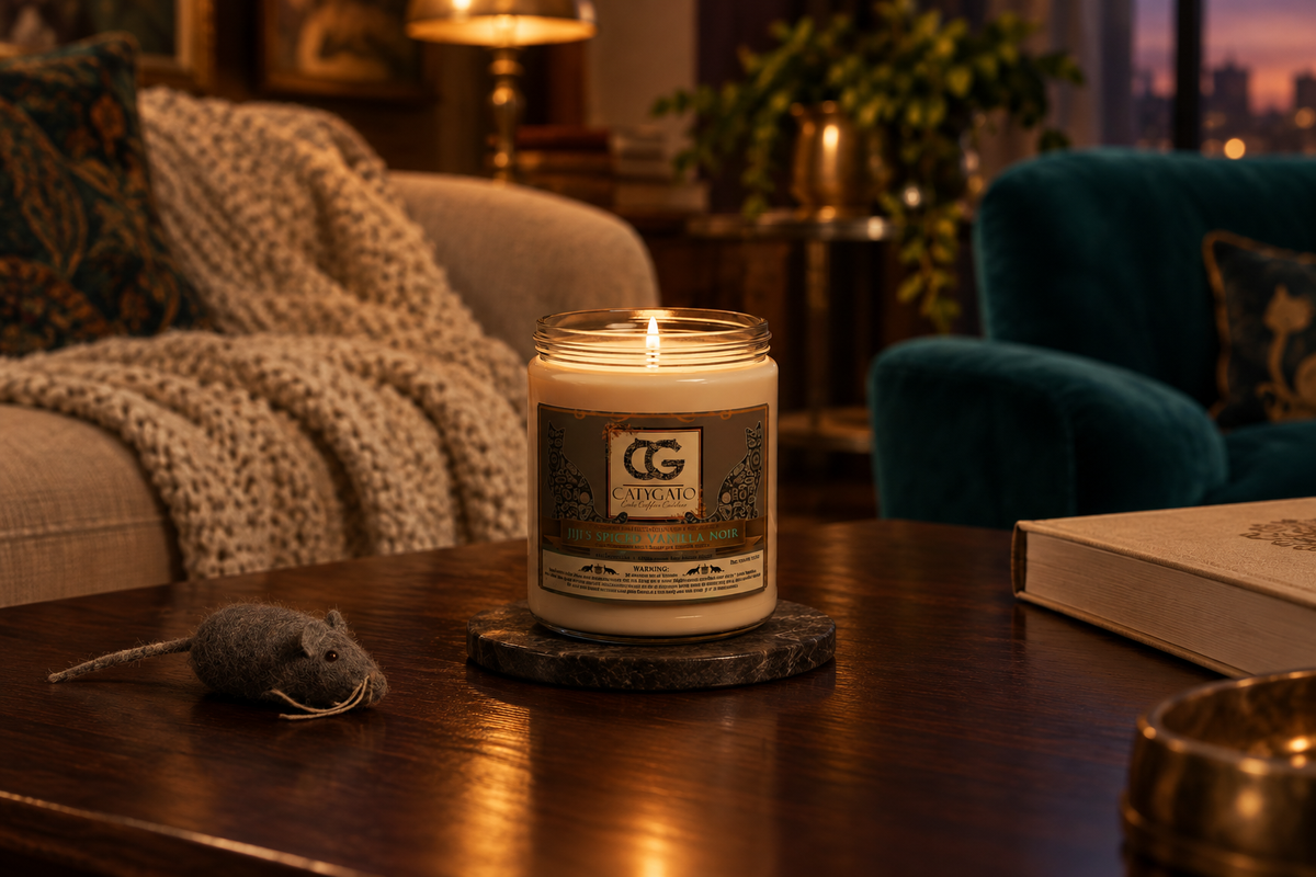 Cozy CatyGato lifestyle scene featuring Jiji’s Spiced Vanilla Noir candle