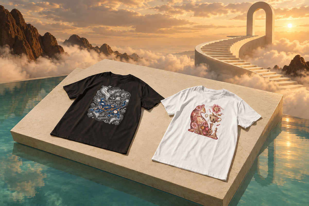Dreams & Illusions tees in a dreamlike landscape