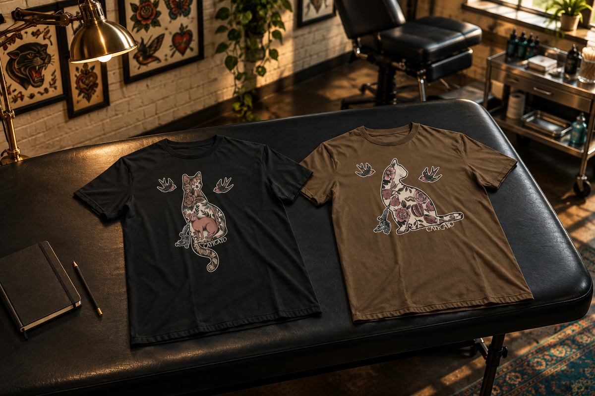 Ink & Attitude tees laid flat in a tattoo studio