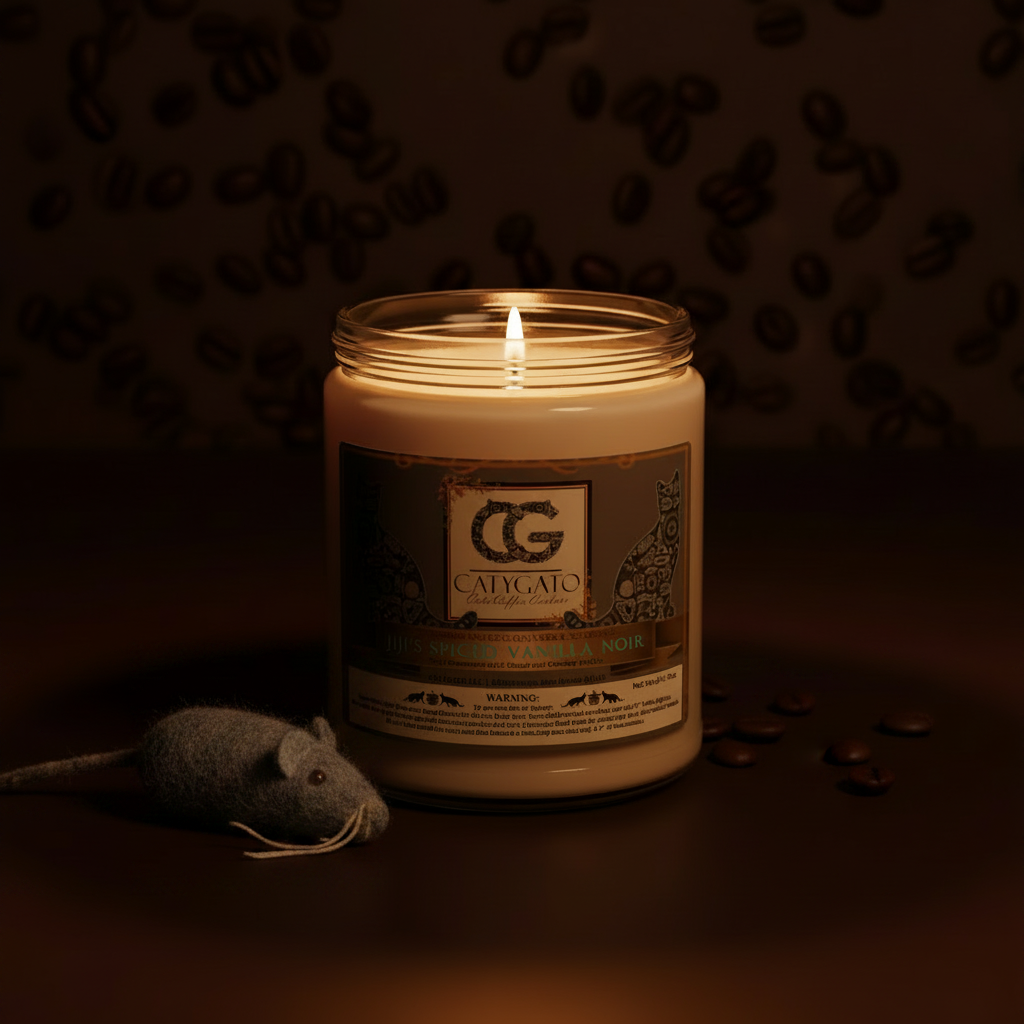 Jiji's Spiced Vanilla Noir Candle with Cat Toy Mouse