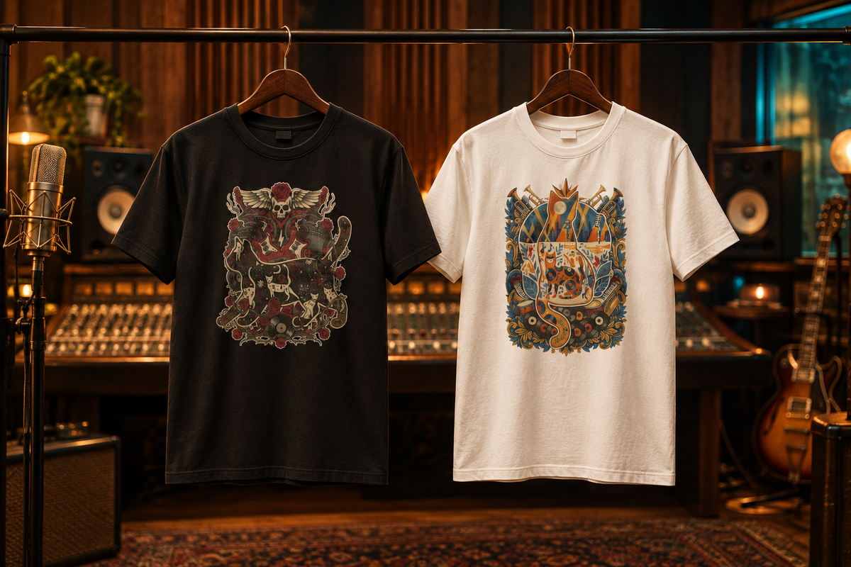 Music studio lifestyle hero with two Sound & Style tees