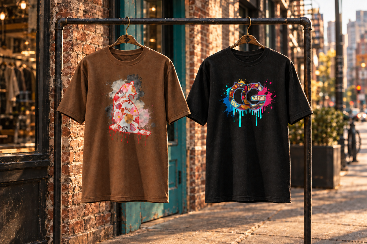 Urban Gato tees swapped, brown on the left and black on the right